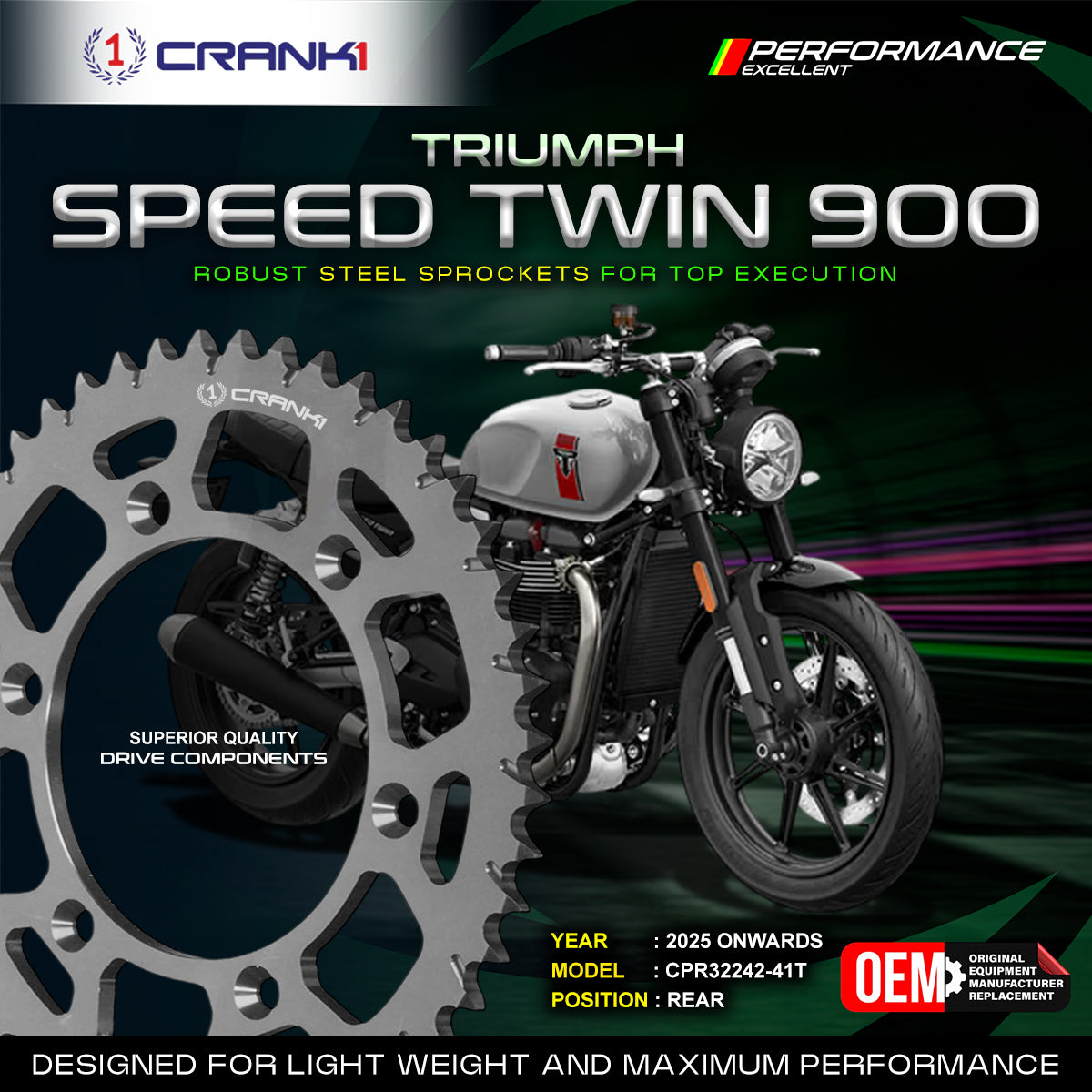Sprocket For Triumph Speed Twin 900 (2025 Onwards) - Rear - CPR32242-41T - Black - CRANK1