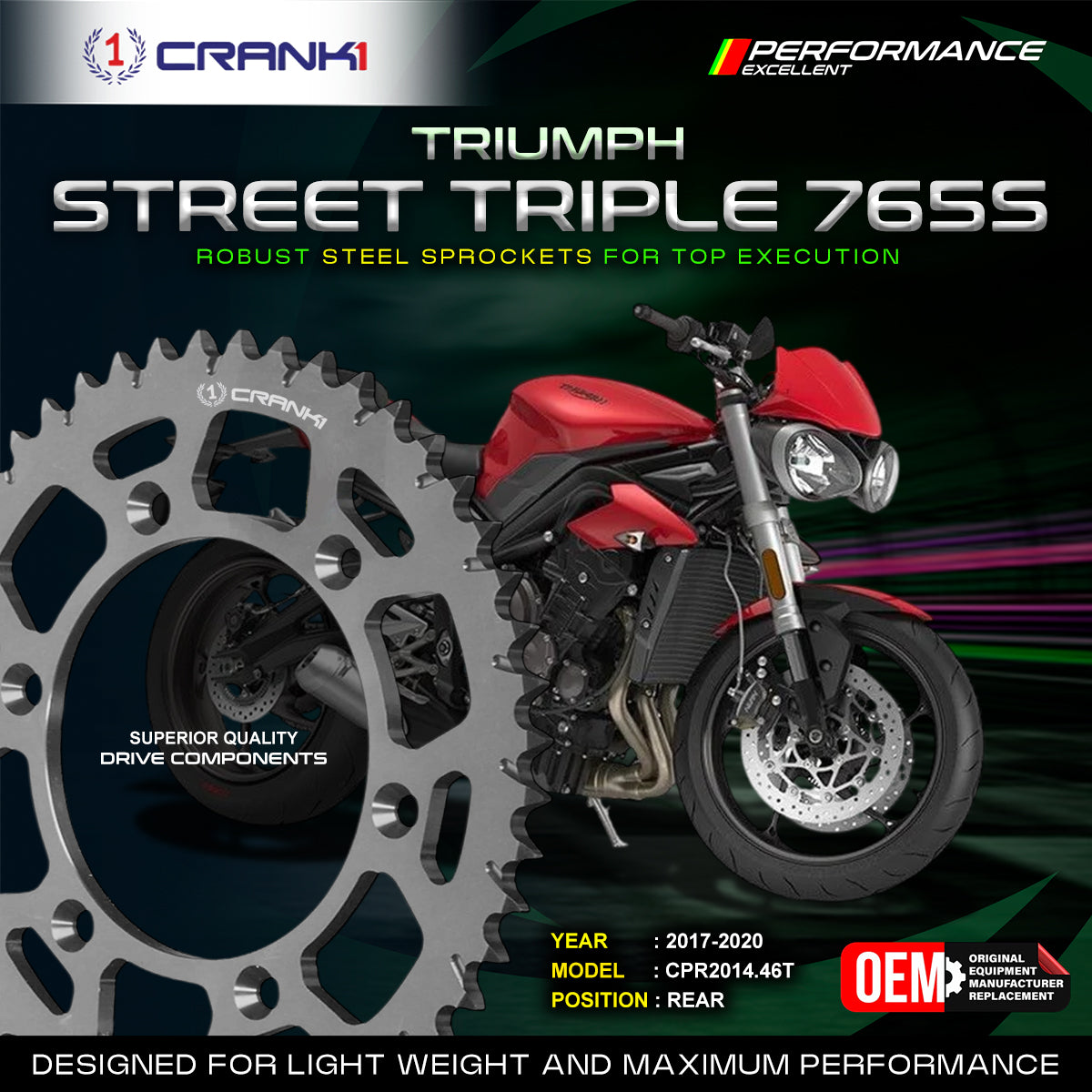 Sprocket For Triumph Street Triple 765S (2017-2020) - Rear - CPR2014.46T - Black - CRANK1