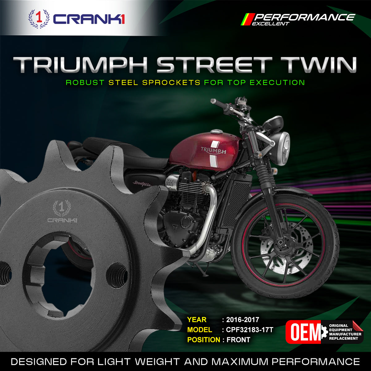 Sprocket For Triumph Street Twin (2016-2017) - Front - CPF32183-17T - Black - CRANK1