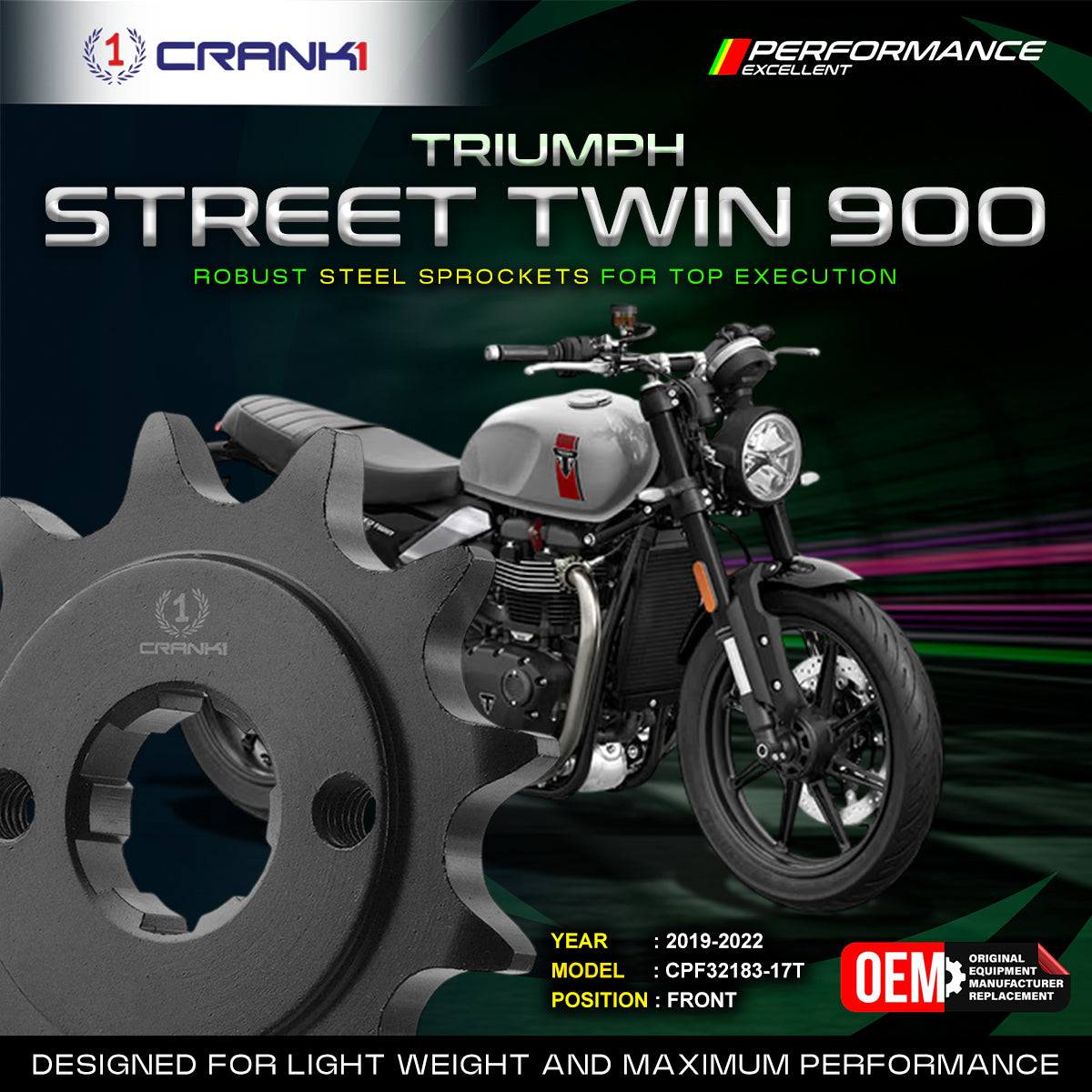 Sprocket For Triumph Street Twin 900 (2019-2022) - Front - CPF32183-17T - Black - CRANK1