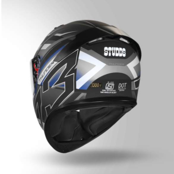 Studds Thunder D6 Decor Matt Black / Grey & White With Spoiler - Full Face Helmets