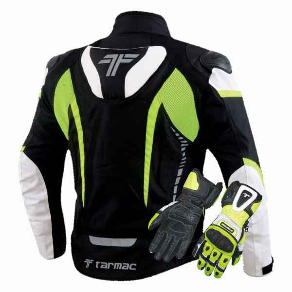 Tarmac Corsa Black/White/Fluorescent Riding Jacket with SAFE TECH protectors + FREE Tarmac Rapid gloves