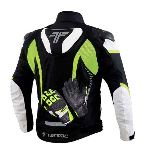 Tarmac Corsa Black/White/Fluorescent Riding Jacket with SAFE TECH protectors + FREE Tarmac Swift gloves