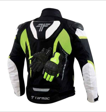 Tarmac Corsa Black/White/Fluorescent Riding Jacket with SAFE TECH protectors + FREE Tarmac Tex gloves