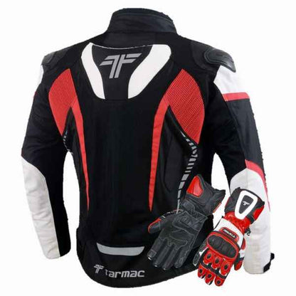Tarmac Corsa Black/White/Red Riding Jacket with SAFE TECH protectors + FREE Tarmac Rapid gloves