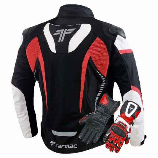 Tarmac Corsa Black/White/Red Riding Jacket with SAFE TECH protectors + FREE Tarmac Rapid gloves