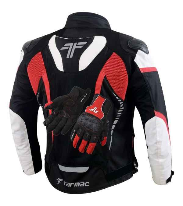 Tarmac Corsa Black/White/Red Riding Jacket with SAFE TECH protectors + FREE Tarmac Tex gloves