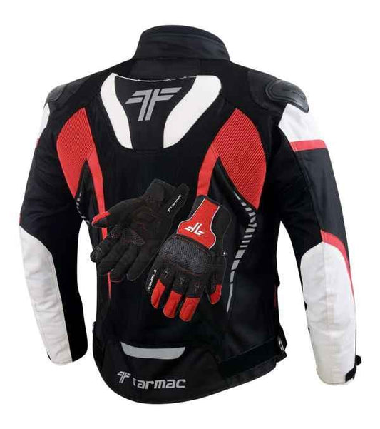 Tarmac Corsa Black/White/Red Riding Jacket with SAFE TECH protectors + FREE Tarmac Tex gloves