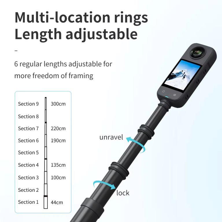 Telesin 3.0M/118.11" long Carbon Fiber Light weight Compact for Carry Monopod Selfie Stick for Insta360 X3&amp;2 / Go Pros camera (IS-MNP-300)