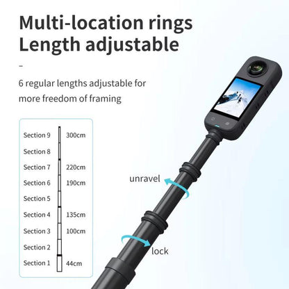 Telesin 3.0M/118.11" long Carbon Fiber Light weight Compact for Carry Monopod Selfie Stick for Insta360 X3&amp;2 / Go Pros camera (IS-MNP-300)