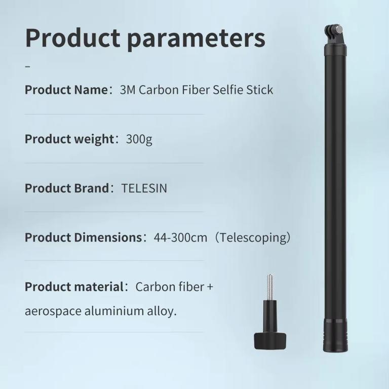 Telesin 3.0M/118.11" long Carbon Fiber Light weight Compact for Carry Monopod Selfie Stick for Insta360 X3&amp;2 / Go Pros camera (IS-MNP-300)