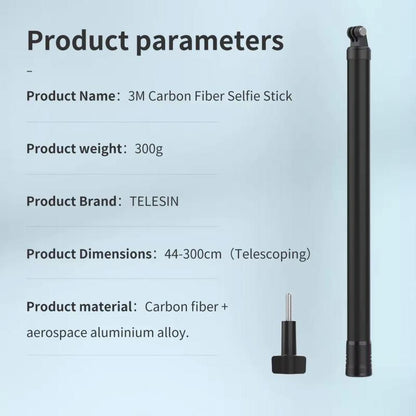 Telesin 3.0M/118.11" long Carbon Fiber Light weight Compact for Carry Monopod Selfie Stick for Insta360 X3&amp;2 / Go Pros camera (IS-MNP-300)