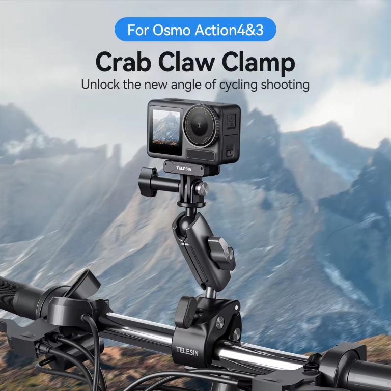 Telesin Action Camera Accessories Clamp Mount With Ball Head Mount With 1/4 Thread For Dji Action 4&amp;3 (GP-HBM-001)