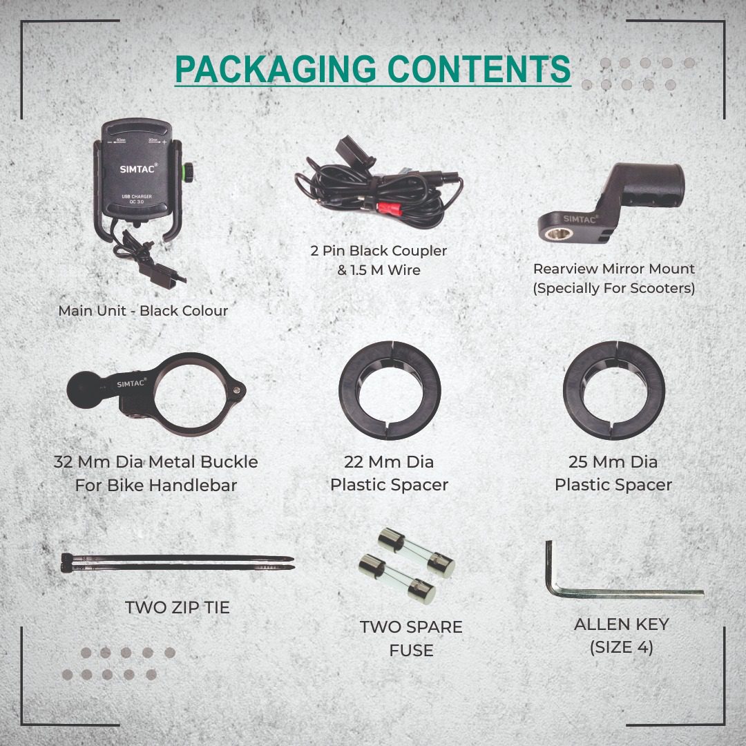 SIMTAC Super Grip Black Mobile Holder with charger (QC 3.0) Bikes/Scooters