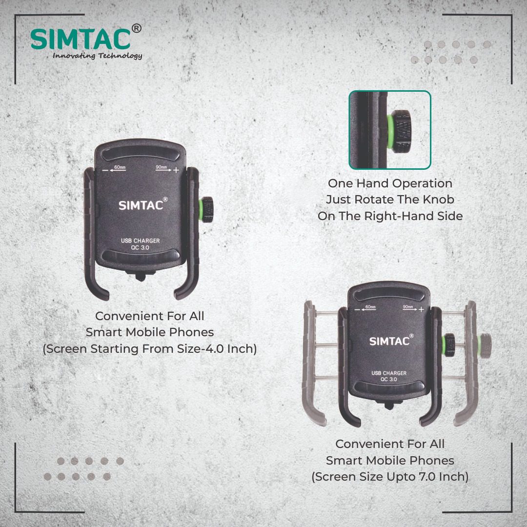 SIMTAC Super Grip Black Mobile Holder with charger (QC 3.0) Bikes/Scooters