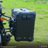 ZANA Panniers( 36 LTR ) Aluminium R-Flat Black With Frame For Himalayan 411 - ZI-8494 RB - Riders Junction