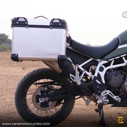 ZANA Panniers( 36 LTR )Aluminium R-Flat Silver With Frame For Triumph Tiger 850 /900 rally pro - ZI-70 RS