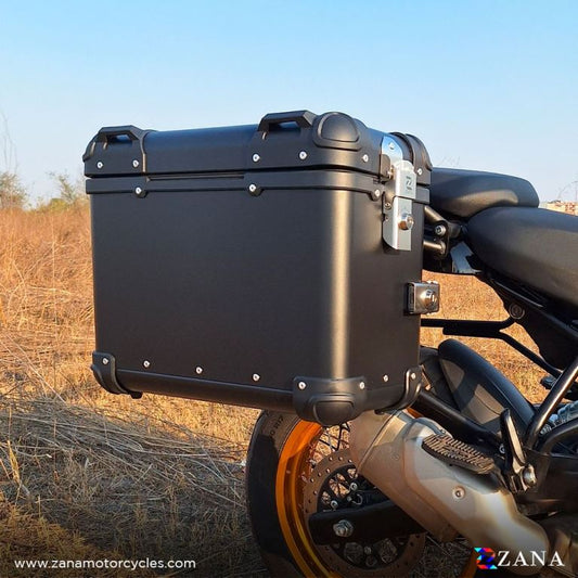 ZANA Panniers (36 LTR) Aluminum Round Black With  Frame For Himalayan 452 - ZI-8439 RB HIMALAYAN - Riders Junction