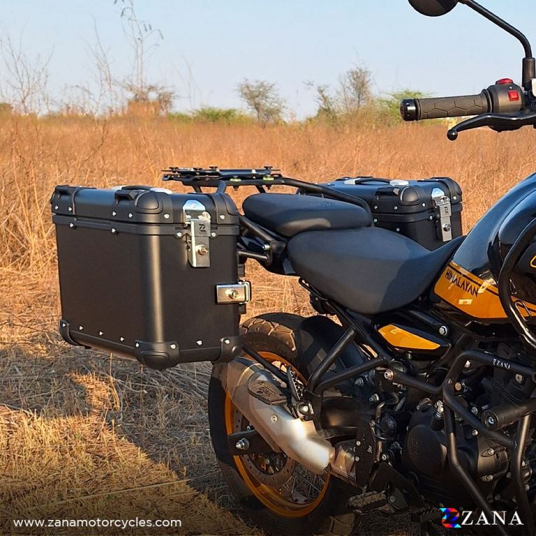 ZANA Panniers (36 LTR) Aluminum Round Black With  Frame For Himalayan 452 - ZI-8439 RB HIMALAYAN - Riders Junction