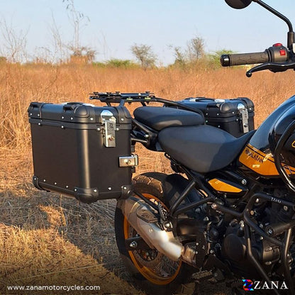 ZANA Panniers (36 LTR) Aluminum Round Black With  Frame For Himalayan 452 - ZI-8439 RB HIMALAYAN - Riders Junction