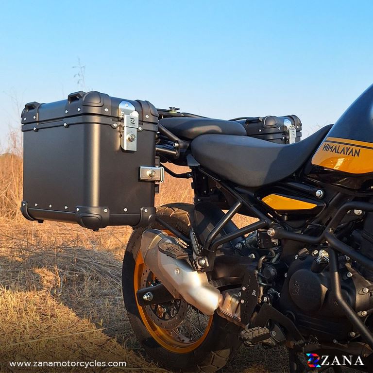 ZANA Panniers (36 LTR) Aluminum Round Black With  Frame For Himalayan 452 - ZI-8439 RB HIMALAYAN - Riders Junction