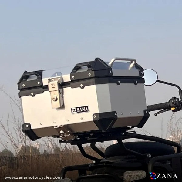 ZANA Top Box Aluminium (35 Ltr) L-flat Silver With Back Rest Cushion For Harley Davidson X440 - ZI-TB-006