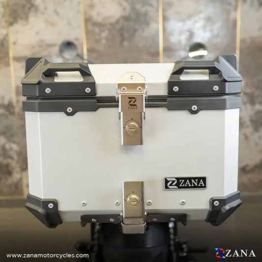 ZANA Top Box Aluminium (45Ltr) L-flat Silver With Back Rest Cushion For Harley Davidson X440 - ZI-TB-011