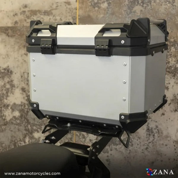 ZANA Top Box Aluminium (45Ltr) L-flat Silver With Back Rest Cushion For Harley Davidson X440 - ZI-TB-011