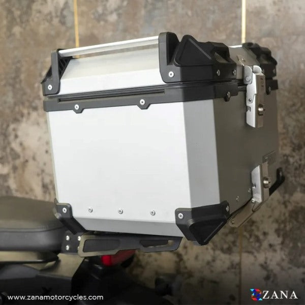 ZANA Top Box Aluminium (45Ltr) L-flat Silver With Back Rest Cushion For Harley Davidson X440 - ZI-TB-011