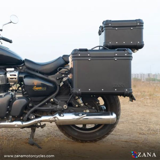 ZANA Panniers( 36 LTR ) Aluminium R-Flat Black With Frame For Super Meteor 650- ZI-8492 RB