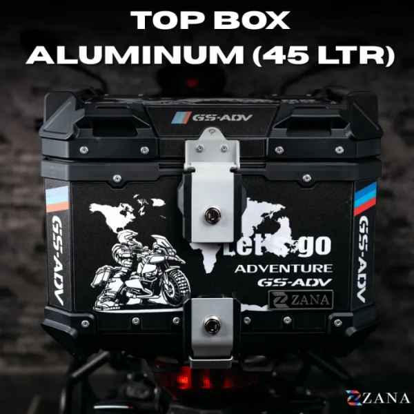 ZANA Sticker Top Box Aluminium (45 Ltr) L-flat Black With Back Rest Cushion For BMW R 1300 GS- ZI-TB-016