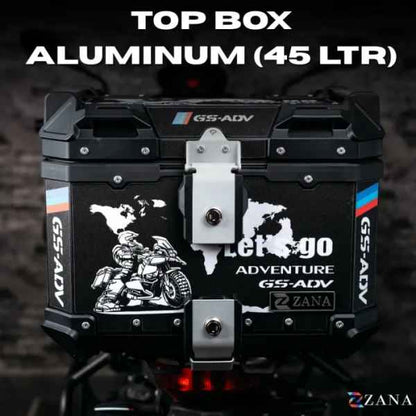 ZANA Sticker Top Box Aluminium (45 Ltr) L-flat Black With Back Rest Cushion For BMW R 1300 GS- ZI-TB-016