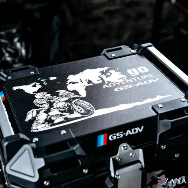 ZANA Sticker Top Box Aluminium (45 Ltr) L-flat Black With Back Rest Cushion For BMW R 1300 GS- ZI-TB-016