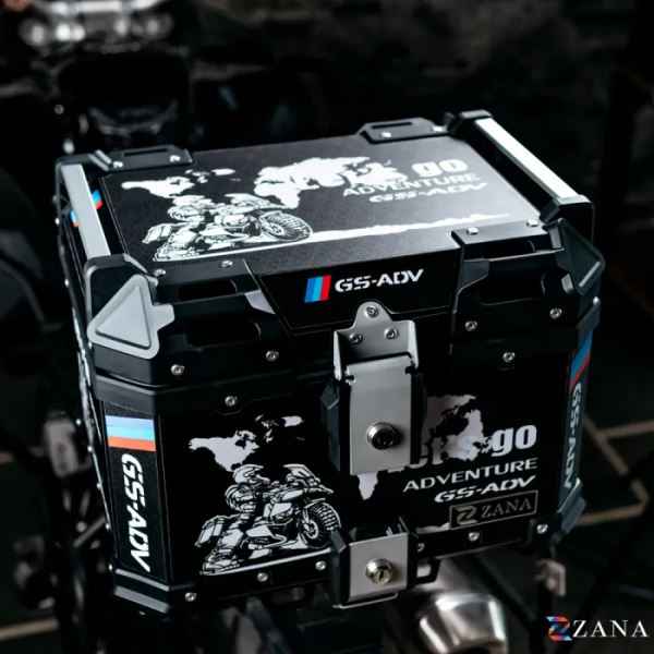 ZANA Sticker Top Box Aluminium (45 Ltr) L-flat Black With Back Rest Cushion For BMW R 1300 GS- ZI-TB-016