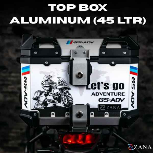 ZANA Sticker Top Box Aluminium (45 Ltr) L-flat Silver With Back Rest Cushion For BMW R 1300 GS- ZI-TB-016