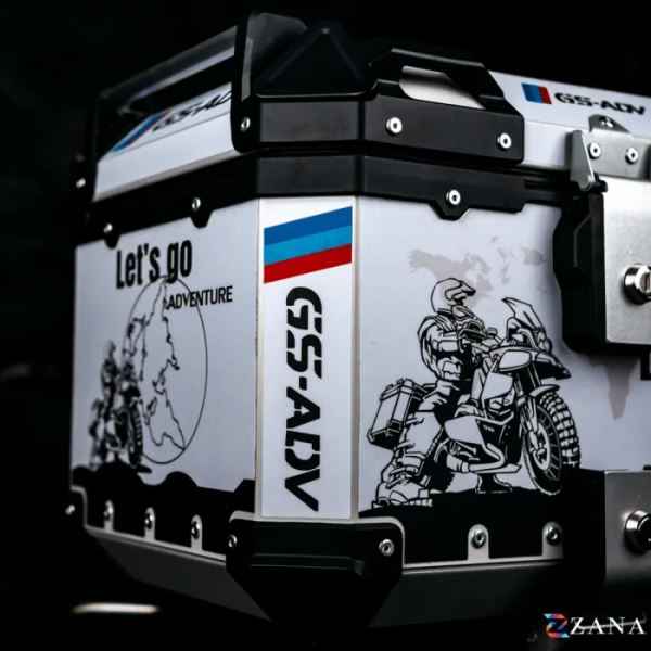 ZANA Sticker Top Box Aluminium (45 Ltr) L-flat Silver With Back Rest Cushion For BMW R 1300 GS- ZI-TB-016
