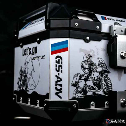 ZANA Sticker Top Box Aluminium (45 Ltr) L-flat Silver With Back Rest Cushion For BMW R 1300 GS- ZI-TB-016
