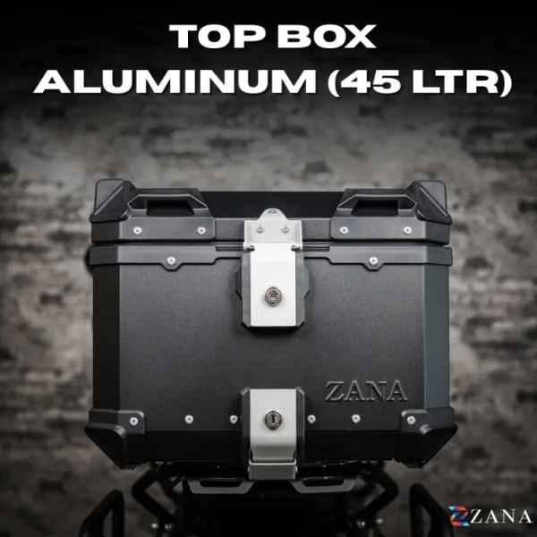 ZANA Top Box Aluminium Black (45ltr) L-Flat With Back Rest Cushion For BMW R1300 GS-ZI-TB-010