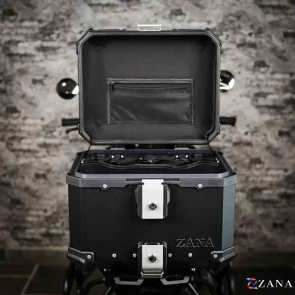 ZANA Top Box Aluminium Black (45ltr) L-Flat With Back Rest Cushion For BMW R1300 GS-ZI-TB-010