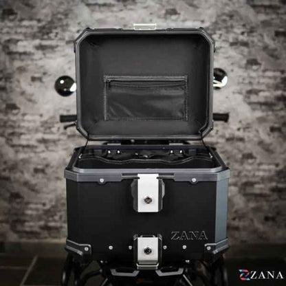 ZANA Top Box Aluminium Black (45ltr) L-Flat With Back Rest Cushion For BMW R1300 GS-ZI-TB-010