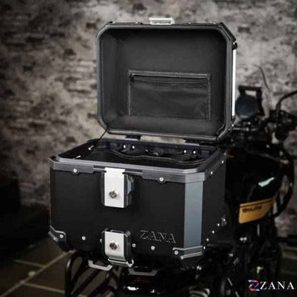 ZANA Top Box Aluminium Black (45ltr) L-Flat With Back Rest Cushion For BMW R1300 GS-ZI-TB-010