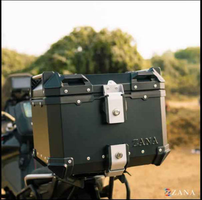Zana-Top Box Aluminium (45Ltr)L-flat For TVS Apache RTX 300 (Black With Back Rest Cushion)-ZI-TB-010