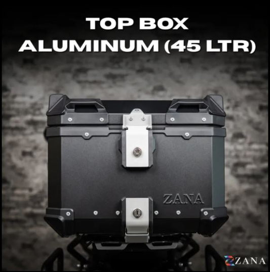 Zana-Top Box Aluminium (45Ltr)L-flat For TVS Apache RTX 300 (Black With Back Rest Cushion)-ZI-TB-010