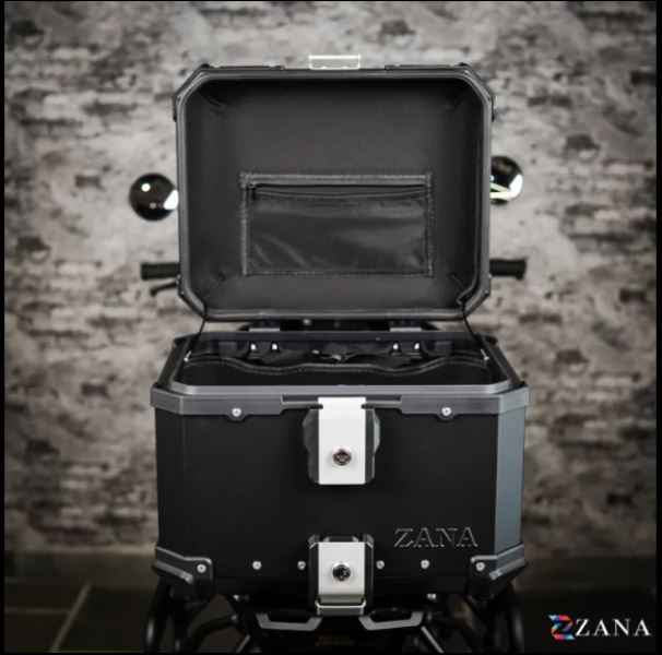 Zana-Top Box Aluminium (45Ltr)L-flat For TVS Apache RTX 300 (Black With Back Rest Cushion)-ZI-TB-010