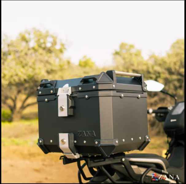 Zana-Top Box Aluminium (45Ltr)L-flat For TVS Apache RTX 300 (Black With Back Rest Cushion)-ZI-TB-010