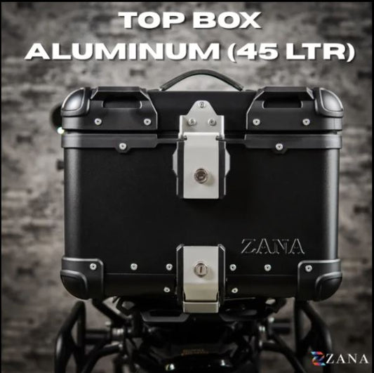 Zana-Top Box Aluminium (45Ltr)R-flat For TVS Apache RTX 300 (Black With Back Rest Cushion)