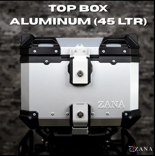 Zana-Universal Top Box Aluminium (45Ltr) l-flat Sliver With Back Rest Cushion For TVS Apache RTX 300-ZI-TB-011