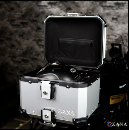 Zana-Universal Top Box Aluminium (45Ltr) l-flat Sliver With Back Rest Cushion For TVS Apache RTX 300-ZI-TB-011