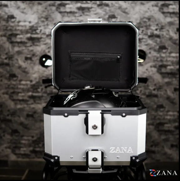 Zana-Universal Top Box Aluminium (45Ltr) l-flat Sliver With Back Rest Cushion For TVS Apache RTX 300-ZI-TB-011