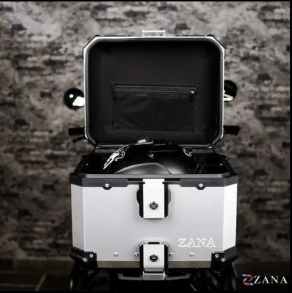 Zana-Universal Top Box Aluminium (45Ltr) l-flat Sliver With Back Rest Cushion For TVS Apache RTX 300-ZI-TB-011